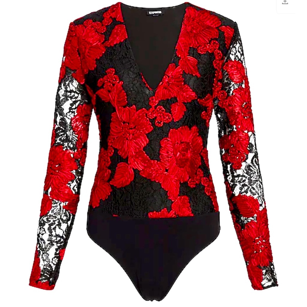 Express: Lace Embroidered Red and Black Floral Long Sleeve Bodysuit